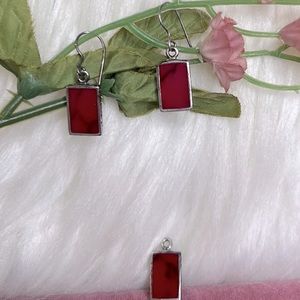 Red Stone and Silver Earrings and Pendant Set